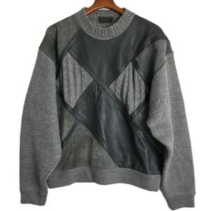 VTG 80s 90s Saxony Leather, Suede, Knit‎ Gray Mens Sweater Textured Patchwork